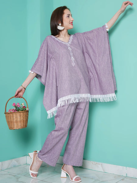 Purple Cotton Embroidered Kaftan with Palazzo-WRKS105