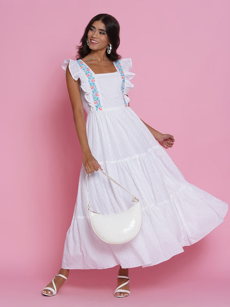 White Cotton Embroidered Tiered Dress-WRK435