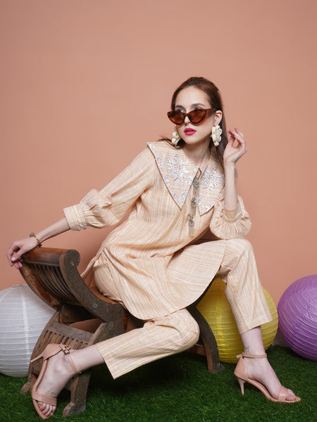 Beige Striped Embroidered Collar Kurta with Pants-WRKS109