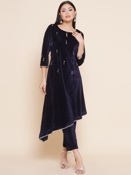 Navy Blue Hand Embellished Kurta Set-WRKS092