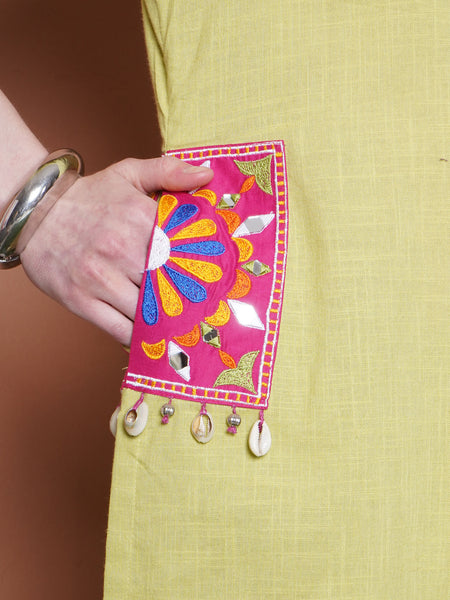 Green Cotton Slub Embroiderd Pockets Kurta with Pants-WRKS103