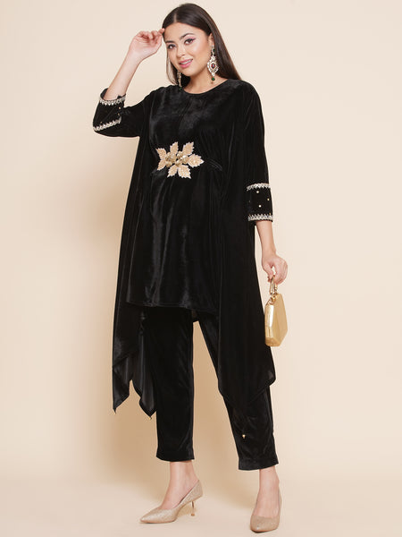 Black Kaftan Style Hand Embellished Kurta with Pants-WRKS091