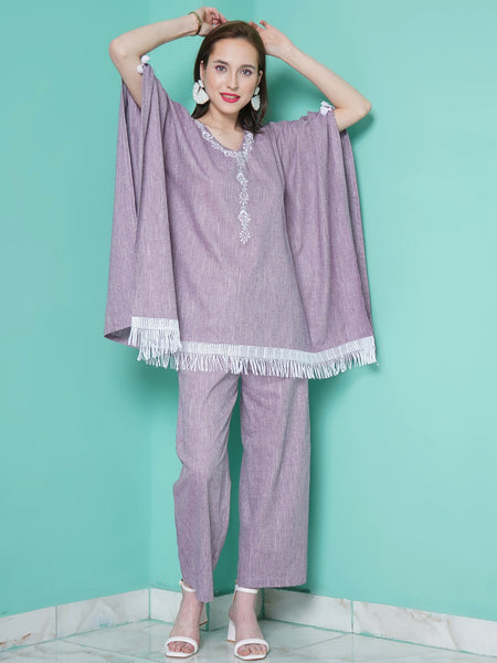 Purple Cotton Embroidered Kaftan with Palazzo-WRKS105