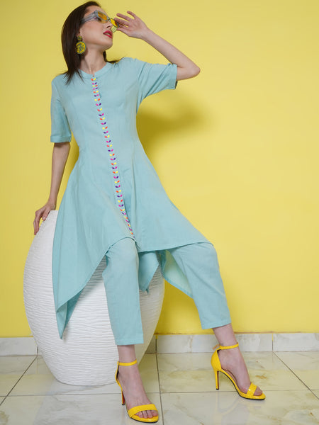Light Blue Cotton Flex Assymetrical Kurta with beeds work and pants-WRKS102