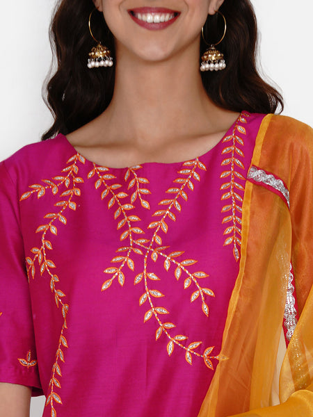 Pink Embroidered Kurta with Pant and Dupatta- WRKSD058