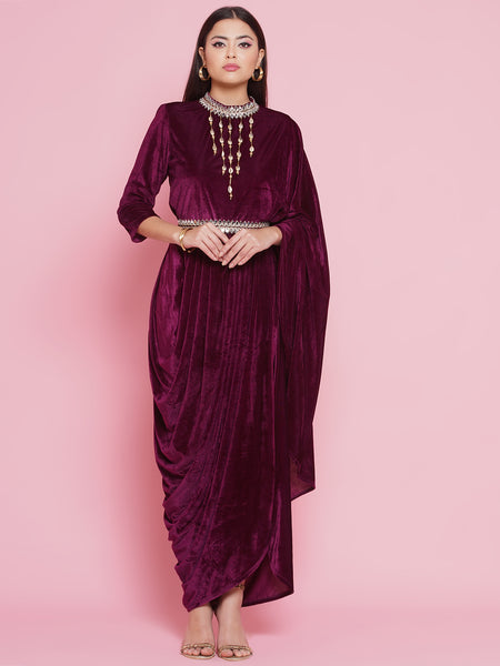 Wine Velvet Velvet Kurta with attached necklace, belt  and Pant-WRKS093