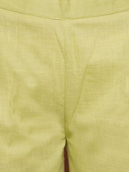 Green Cotton Slub Embroiderd Pockets Kurta with Pants-WRKS103