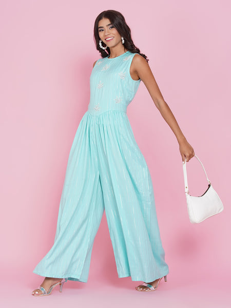 Blue Rayon Hand Embellished Jumpsuit-WRJ001