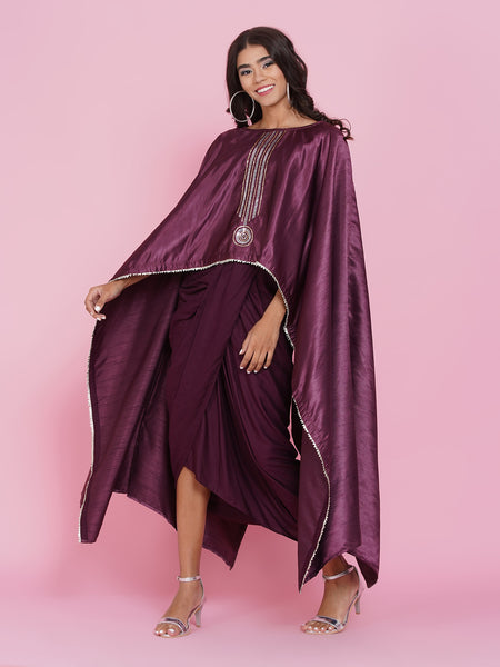 Wine Hand Embellished Kaftan with Dhoti Pants-WRK381