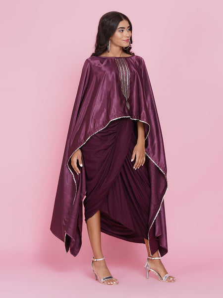 Wine Hand Embellished Kaftan with Dhoti Pants-WRK381