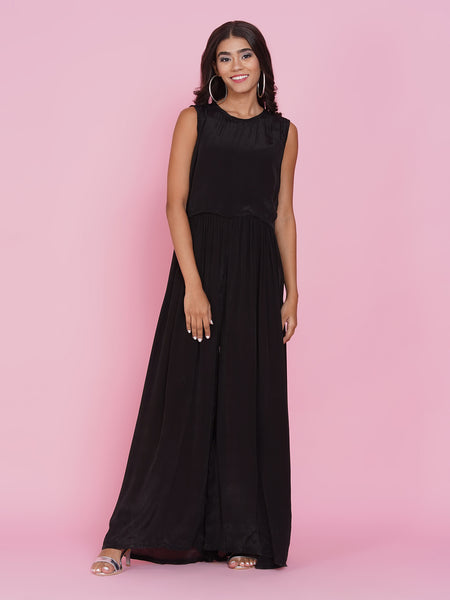 Black viscouse crepe Jumpsuit with hand embellished jacket-WRJ002