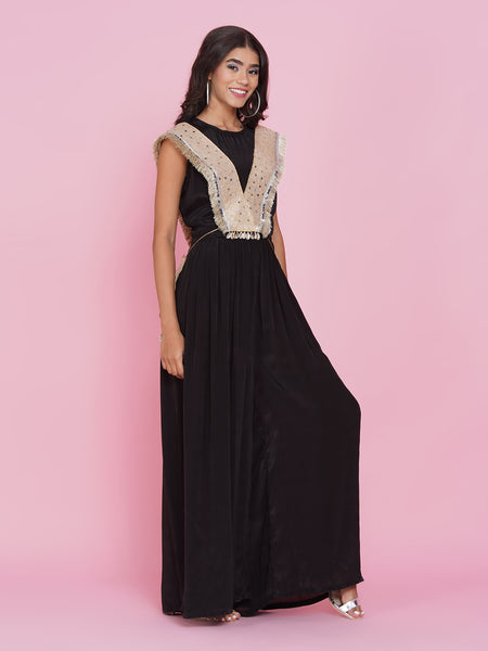 Black viscouse crepe Jumpsuit with hand embellished jacket-WRJ002