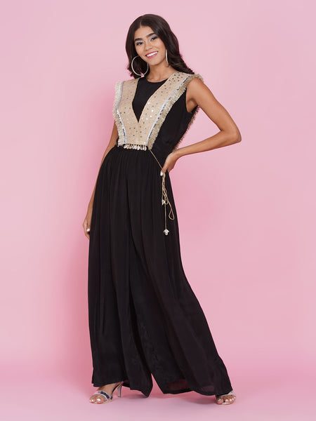 Black viscouse crepe Jumpsuit with hand embellished jacket-WRJ002