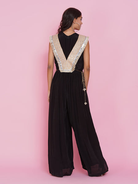Black viscouse crepe Jumpsuit with hand embellished jacket-WRJ002