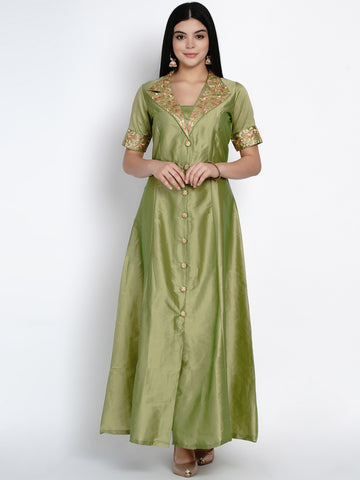 Green Polyester Embroidered Dress- WRK385