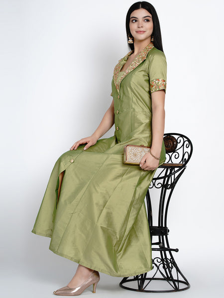 Green Polyester Embroidered Dress- WRK385