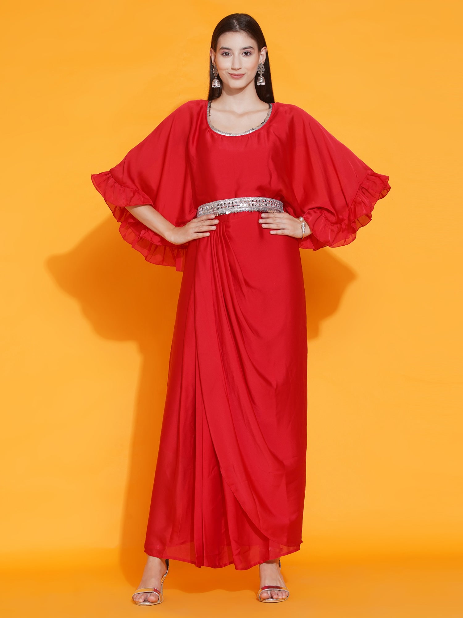 belt for red dress Red Georgette Ethnic Dress with Embellished Belt-WRK438 – Women Republic