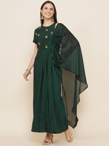 Green Hand Embellished Gown with attached dupatta-WRK439