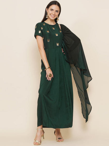 Green Hand Embellished Gown with attached dupatta-WRK439