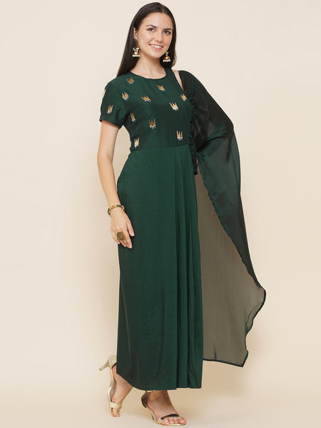 Green Hand Embellished Gown with attached dupatta-WRK439