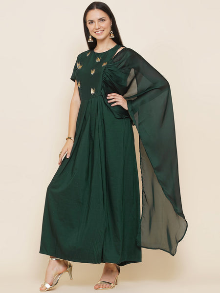 Green Hand Embellished Gown with attached dupatta-WRK439