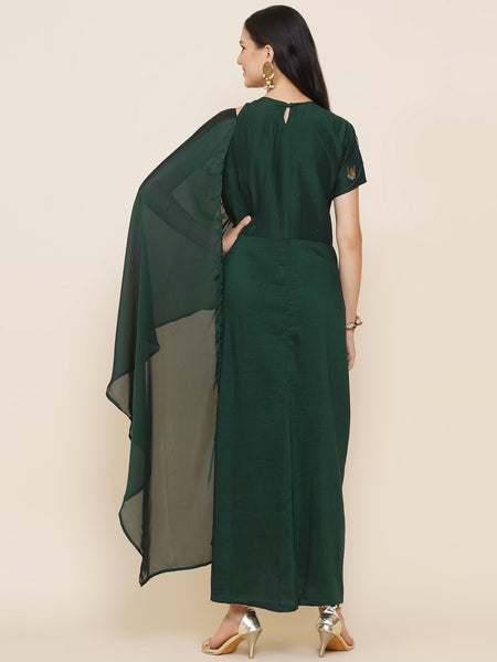 Green Hand Embellished Gown with attached dupatta-WRK439
