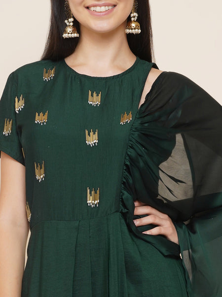 Green Hand Embellished Gown with attached dupatta-WRK439