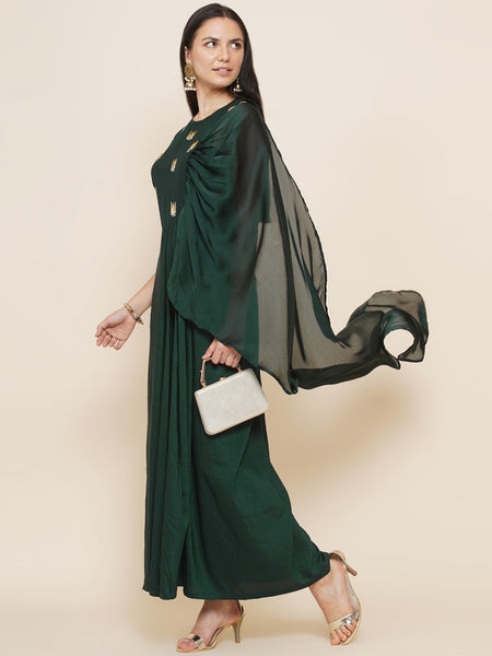 Green Hand Embellished Gown with attached dupatta-WRK439