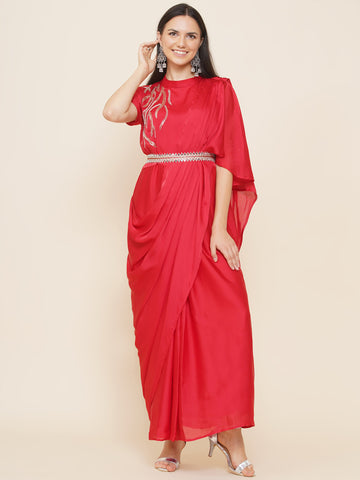 Red Georgette Hand Embellished Drape Gown with Belt-WRK440