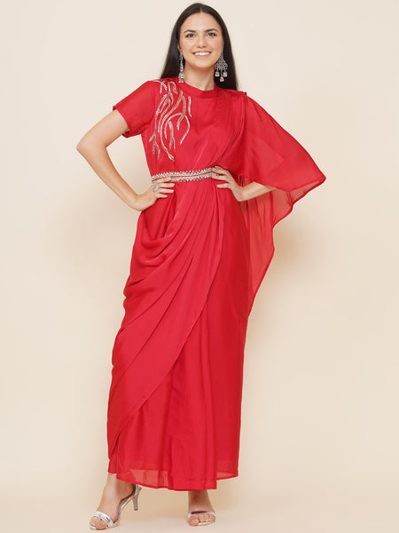 Red Georgette Hand Embellished Drape Gown with Belt-WRK440