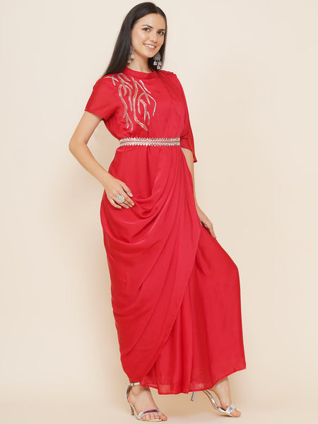 Red Georgette Hand Embellished Drape Gown with Belt-WRK440
