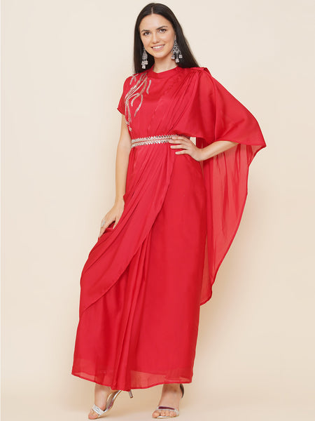 Red Georgette Hand Embellished Drape Gown with Belt-WRK440
