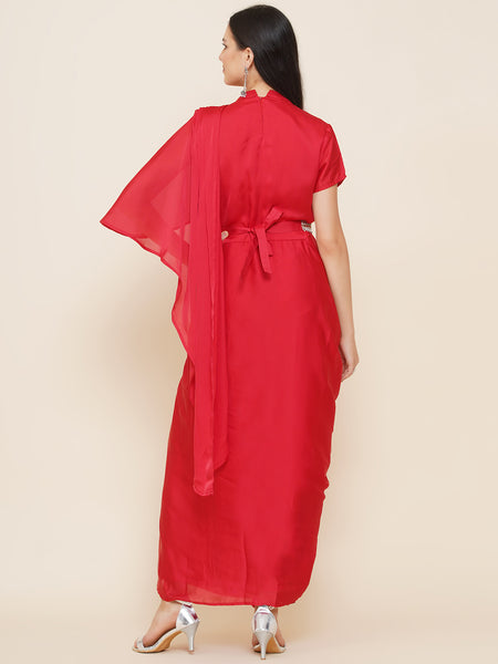 Red Georgette Hand Embellished Drape Gown with Belt-WRK440