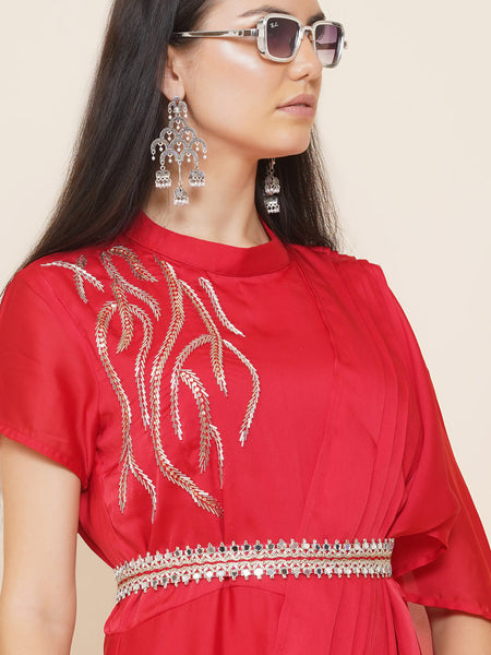 Red Georgette Hand Embellished Drape Gown with Belt-WRK440