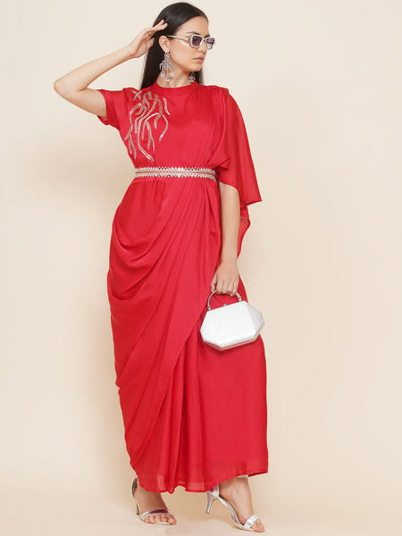Red Georgette Hand Embellished Drape Gown with Belt-WRK440