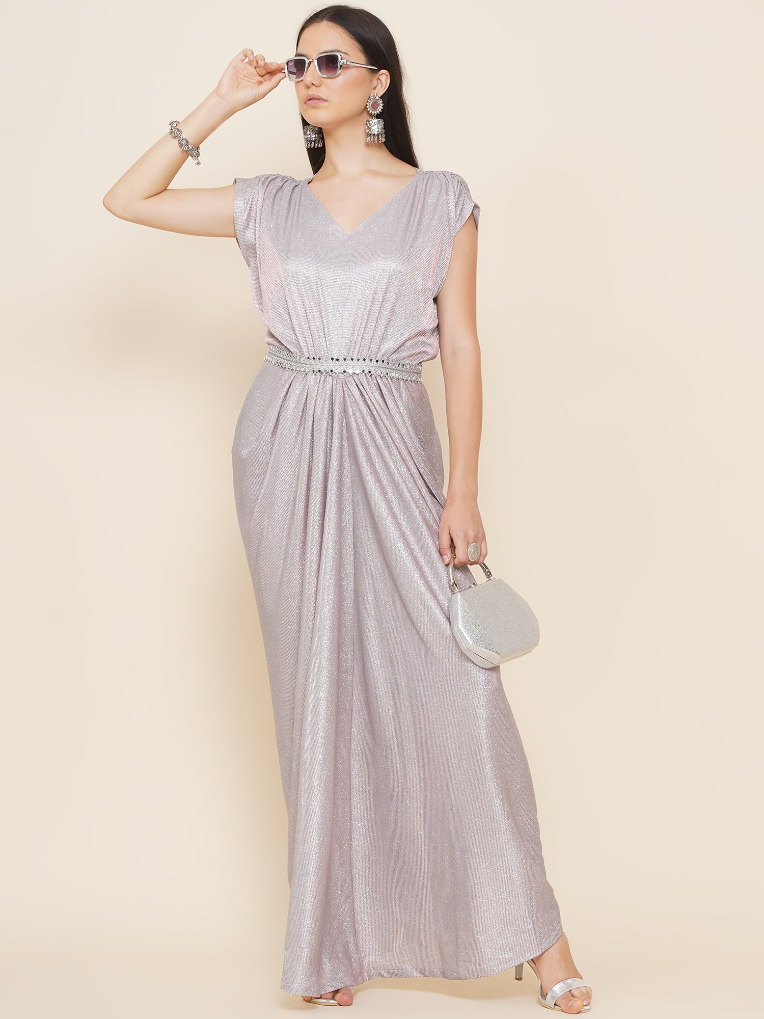 Pink Lycra Gown with Belt-WRK441