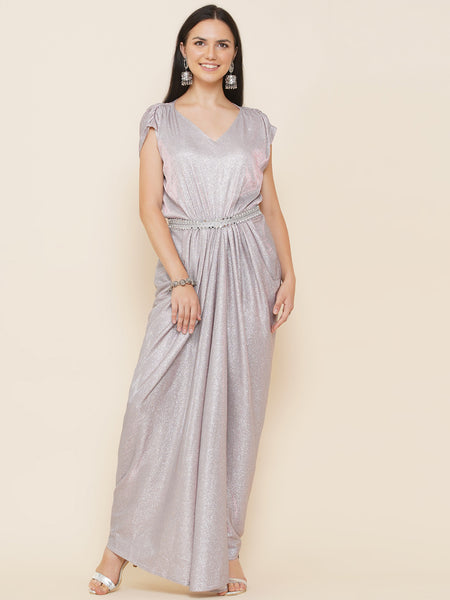 Pink Lycra Gown with Belt-WRK441