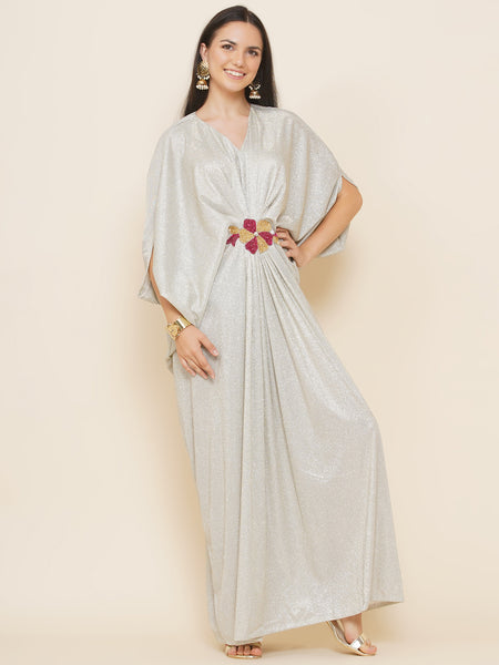 Silver Lycra Hand Embellished Gown-WRK442