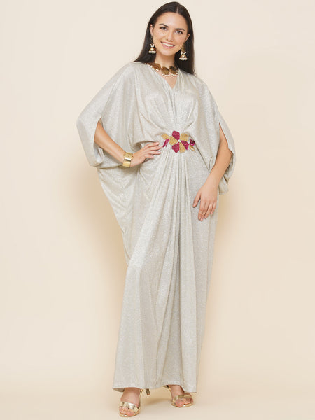 Silver Lycra Hand Embellished Gown-WRK442