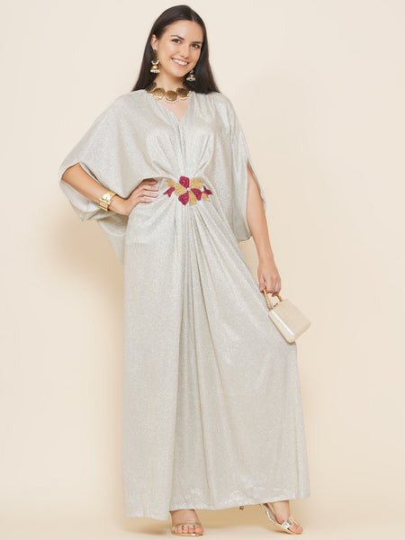 Silver Lycra Hand Embellished Gown-WRK442