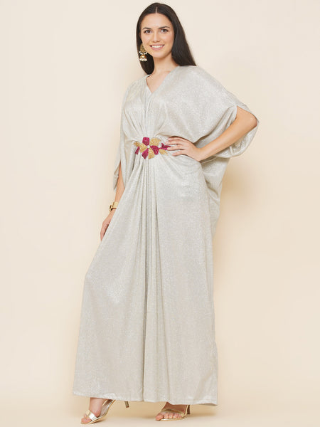 Silver Lycra Hand Embellished Gown-WRK442