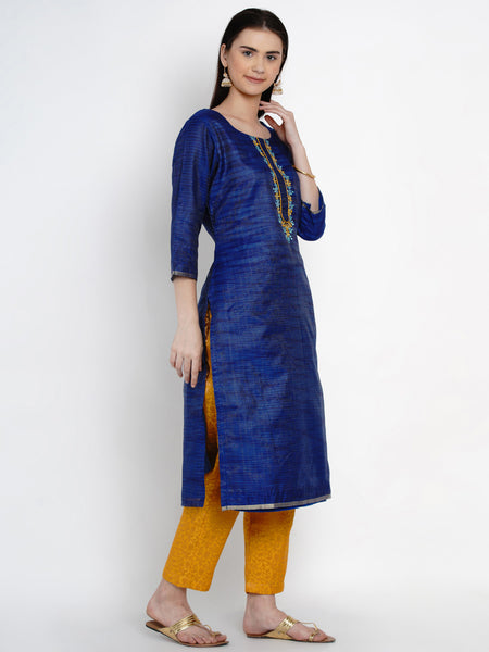 Royal Blue Kota Chanderi Embroidered Kurta With Brocade Pant- WRKS009