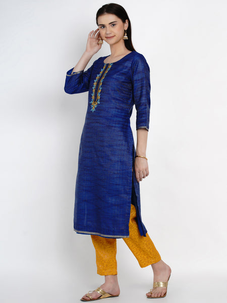 Royal Blue Kota Chanderi Embroidered Kurta With Brocade Pant- WRKS009