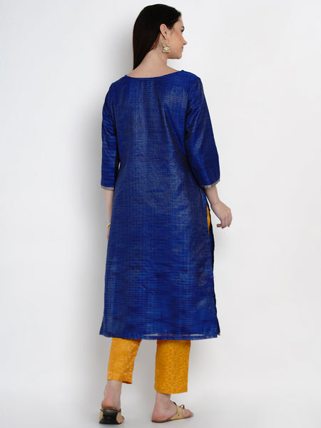 Royal Blue Kota Chanderi Embroidered Kurta With Brocade Pant- WRKS009