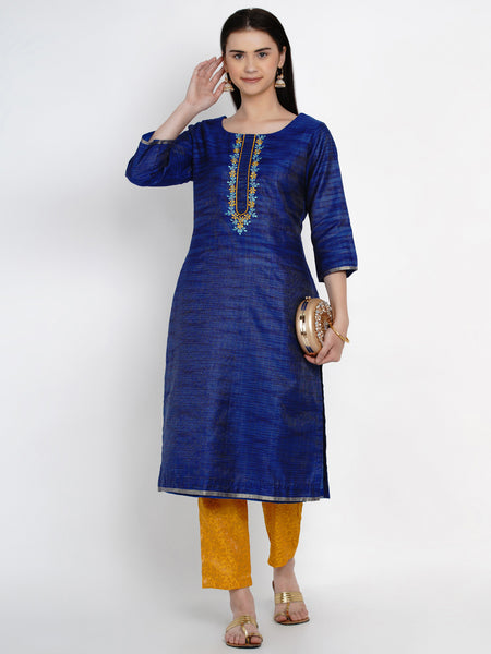 Royal Blue Kota Chanderi Embroidered Kurta With Brocade Pant- WRKS009