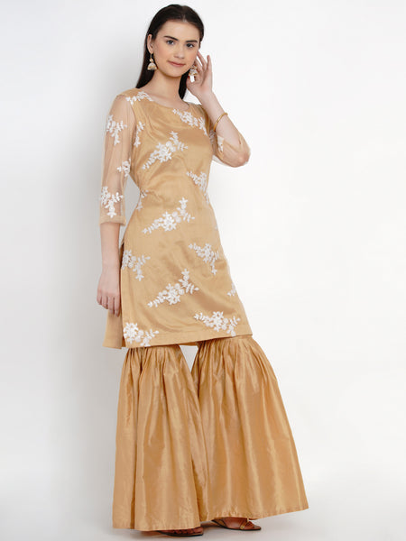 Golden Net Kurta With Sharara-WRKS014