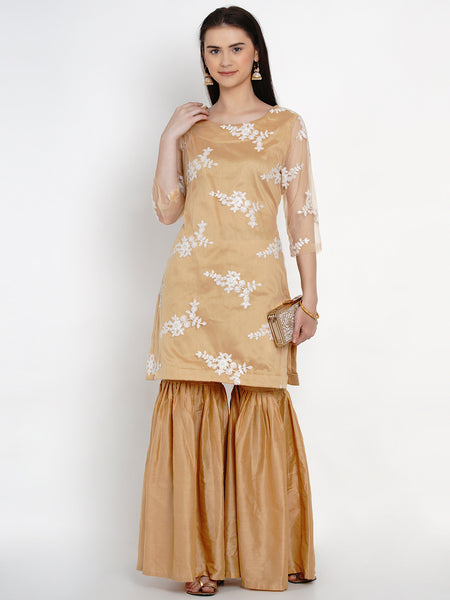 Golden Net Kurta With Sharara-WRKS014