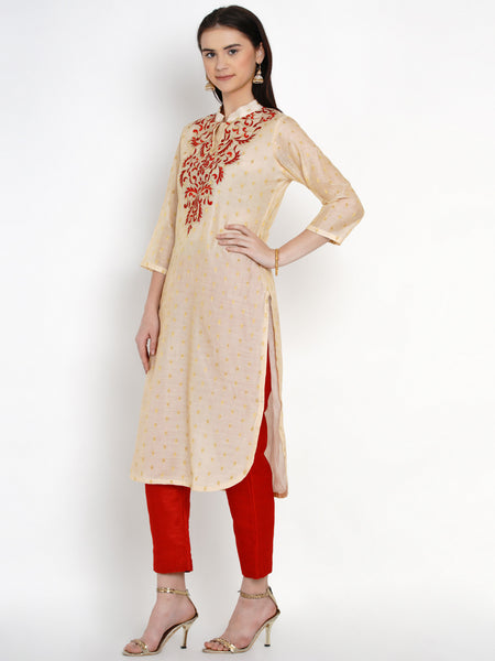 Cream Chanderi Embroidered Kurta With Pant-WRKS015