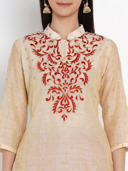 Cream Chanderi Embroidered Kurta With Pant-WRKS015