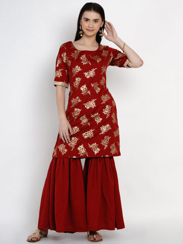 Maroon Polyester Kurta With Sharara -WRKS016